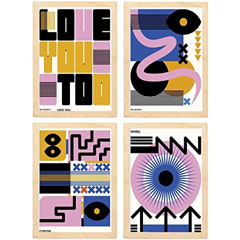 Set Di 4 Stampe Poster Di Cubismo Astratto Amore Fogli Con Mostra D'arte Estetica Illustrazioni A Colori Per L'interior Telaio In Legno Chiaro A4 - Foto 1