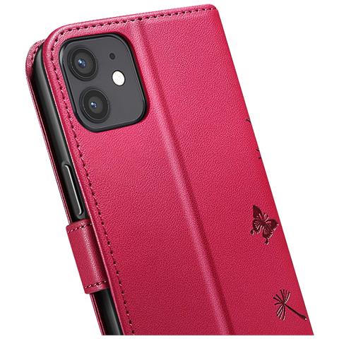 Custodia A Portafoglio Per Iphone 12 / 12 Pro Premium Design Fiori Farfalla, Rosso - Foto 2
