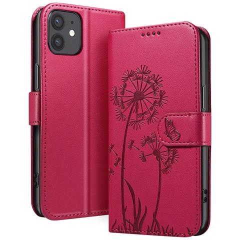 Custodia A Portafoglio Per Iphone 12 / 12 Pro Premium Design Fiori Farfalla, Rosso - Foto 1