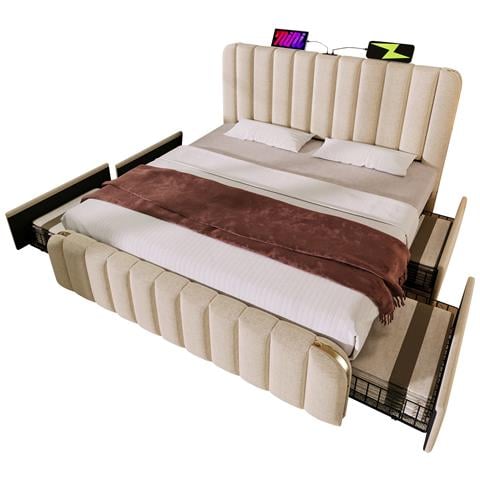 Letto Matrimoniale In Lino Beige Con Testata Imbottita E Usb - Foto 1