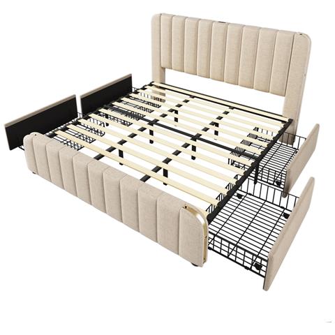 Letto Matrimoniale In Lino Beige Con Testata Imbottita E Usb - Foto 2