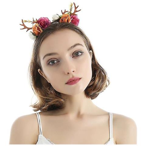 Cerchietto Natalizio Lurrose Con Corna Di Renna E Fiori - Accessorio Per Capelli Festa, Bianco, 22x16x3cm - 6