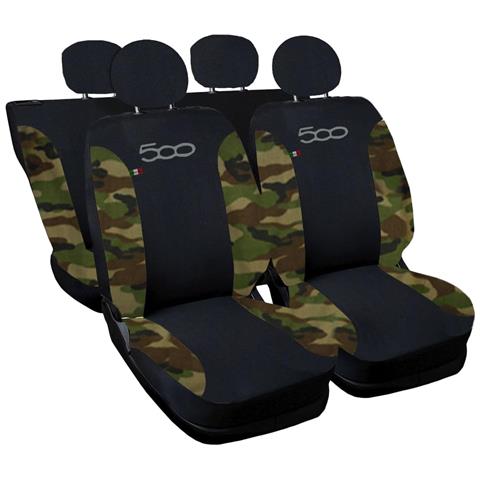 Coprisedili Auto Compatibili Per 500, Made In Italy, Set Di Copri Sedili Anteriori E Posteriori (bicolore) Con Copri Poggiatesta Incluso, Tessuto Poliestere, Colore - Nero \mimetico Classico - Foto 1