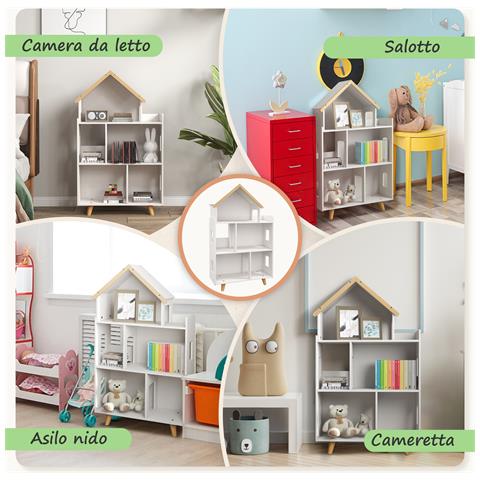 Libreria Per Bambini 3-6 Anni A 3 Livelli Per Libri E Giochi, In Mdf E Legno Di Pino, 65x25x108.5 Cm, Bianco - Foto 6