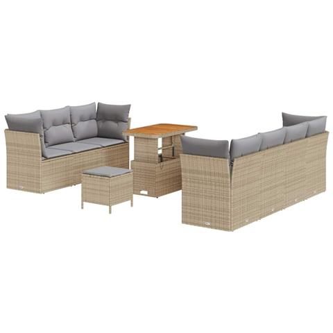 Set divani giardino  10 pezzi con cuscini beige rattan acacia, Set pranzo giardino  3 pezzi con cuscini beige rattan acacia - Foto 1