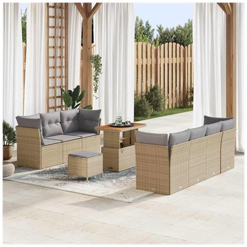 Set divani giardino  10 pezzi con cuscini beige rattan acacia, Set pranzo giardino  3 pezzi con cuscini beige rattan acacia - Foto 2