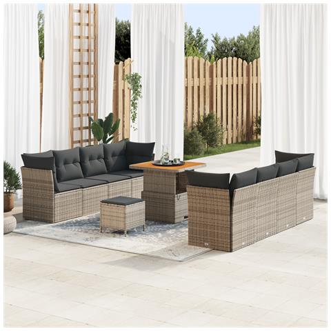 Set divano da giardino da 11 pezzi con cuscini grigio in polyrattan e acacia,  Set da pranzo da giardino con 3 pezzi con cuscini grigi in polyrattan e acacia - Foto 2