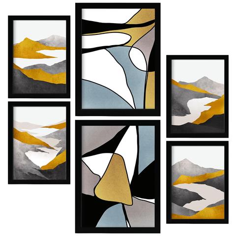 Set Di 6 Stampe Genere Natura 1 In Paesaggi Astratti Dipinti Decorativi Estetici Per Il Tuo Soggiorno A Casa A3 & A4 Cornice Nera - Foto 1