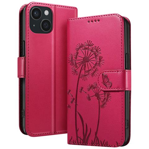 Custodia A Portafoglio Per Iphone 15 Design Premium Fiori Farfalla, Rosso - Foto 1