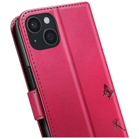 Custodia A Portafoglio Per Iphone 15 Design Premium Fiori Farfalla, Rosso - Foto 5