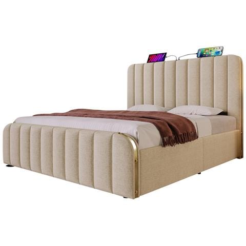 Letto In Lino Beige Con Strisce Dorate, Usb E Vano Contenitore - Foto 1