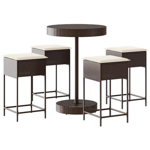 Set Bar Da Giardino 5 Pz Con Cuscini In Polyrattan Marrone - Foto 1