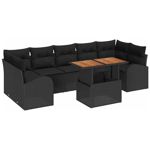 Set da pranzo da giardino da 8 pezzi con cuscini in polyrattan nero e acacia - Foto 1