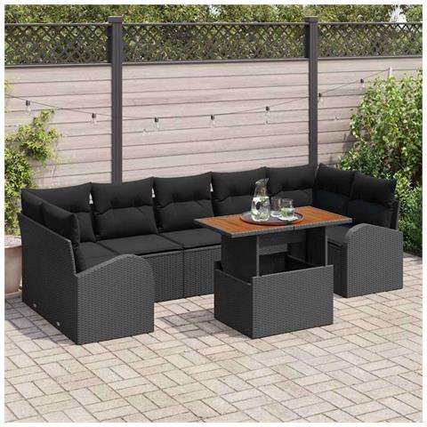 Set da pranzo da giardino da 8 pezzi con cuscini in polyrattan nero e acacia - Foto 2
