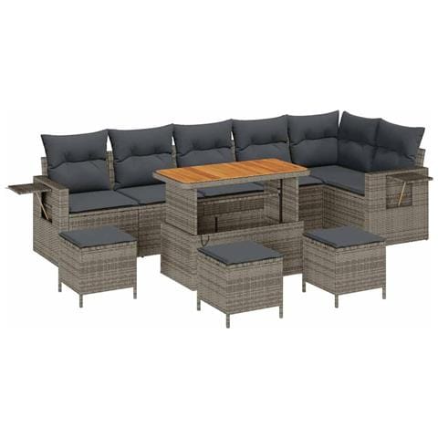 Set Divani Giardino  10 Pezzi con Cuscini Grigi in Polyrattan Acacia, Set Pranzo Giardino  4 Pezzi con Cuscini Grigi in Polyrattan Acacia - Foto 1