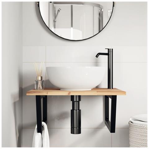 Ripiano A Parete Per Lavabo In Acciaio E Massello Di Acacia - Foto 2