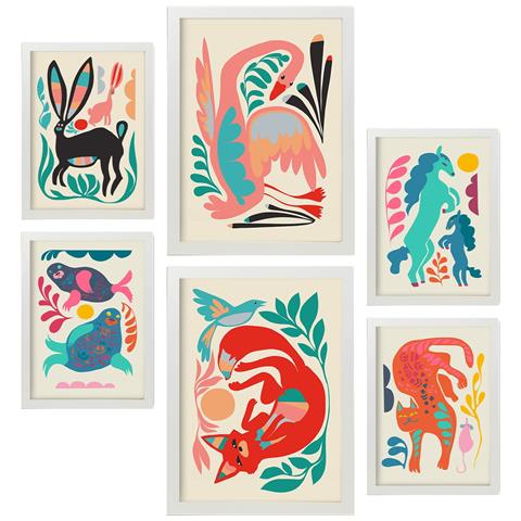 Set Di 6 Stampe Line Breed 1 In Animali Astratti Dipinti Decorativi Estetici Per Il Tuo Soggiorno, Camera Da Letto, Casa A3 & A4 Cornice Bianca - Foto 1