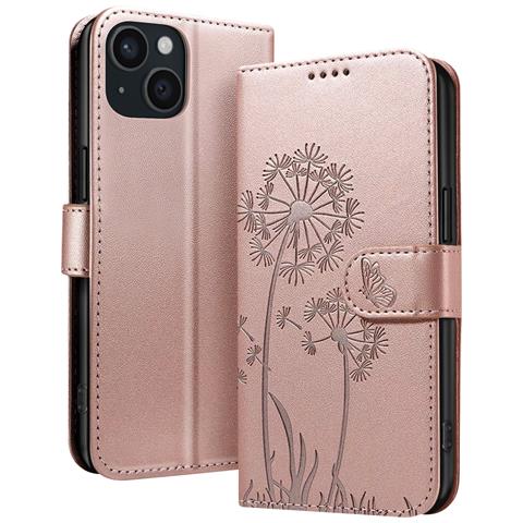 Custodia A Portafoglio Per Iphone 15 Design Premium Fiori Farfalla, Rosa Champagne - Foto 1