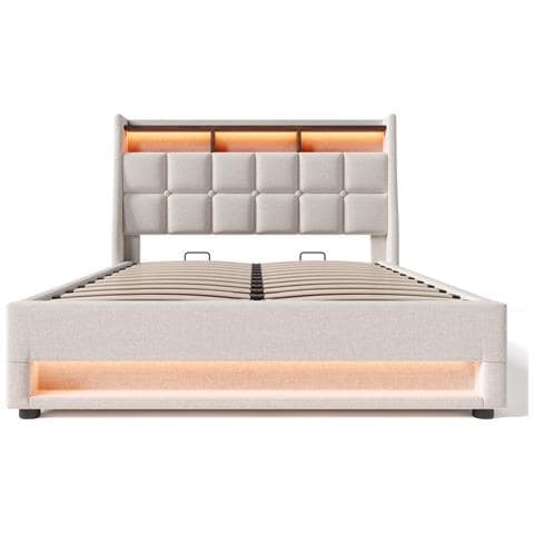 Letto Imbottito In Lino Beige Con Illuminazione Led Su Entrambe Le Estremità - Foto 2