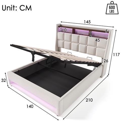 Letto Imbottito In Lino Beige Con Illuminazione Led Su Entrambe Le Estremità - Foto 3