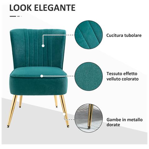 Poltrona Moderna In Stile Scandinavo Imbottita E Rivestita In Tessuto Vellutato, 56x65.5x82.5cm - Verde - Foto 2