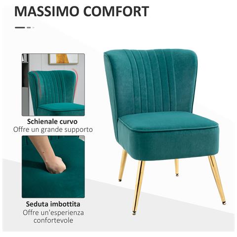 Poltrona Moderna In Stile Scandinavo Imbottita E Rivestita In Tessuto Vellutato, 56x65.5x82.5cm - Verde - Foto 6