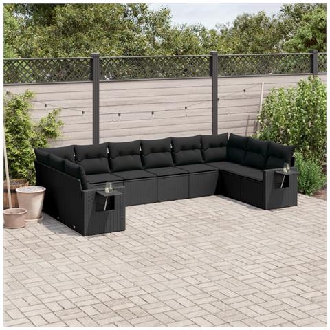 Set Divani Da Giardino 10pz Con Cuscini In Polyrattan Nero - Foto 1