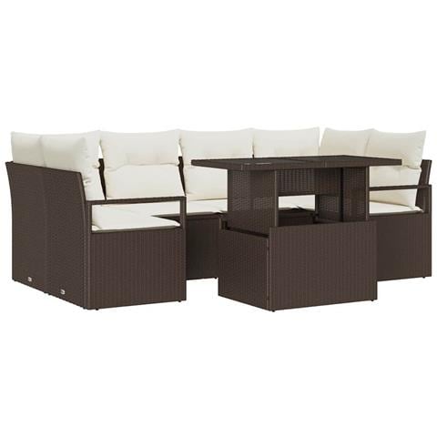 Set di divani da giardino da 7 pezzi con cuscini marroni in rattan sintetico, Divano da giardino a 2 posti con spazio di stoccaggio e cuscini marroni in rattan sintetico - Foto 1