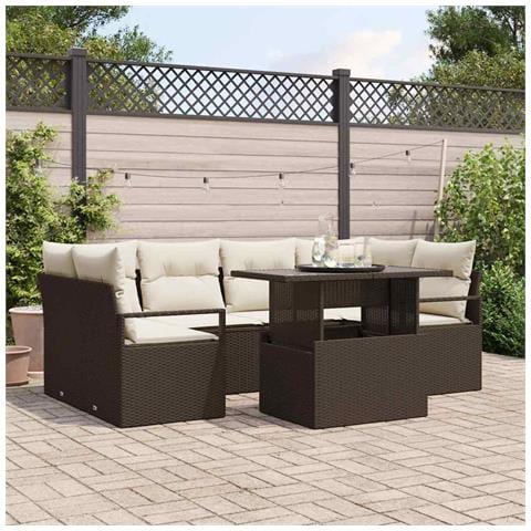 Set di divani da giardino da 7 pezzi con cuscini marroni in rattan sintetico, Divano da giardino a 2 posti con spazio di stoccaggio e cuscini marroni in rattan sintetico - Foto 2