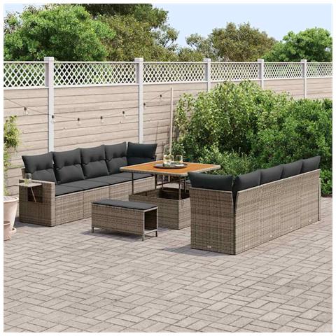 Set Divano da Giardino da 11 Pezzi con Cuscini Grigio Polirattan Acacia,  Set da Pranzo da Giardino da 3 Pezzi con Cuscini Grigio Polirattan Acacia - Foto 2