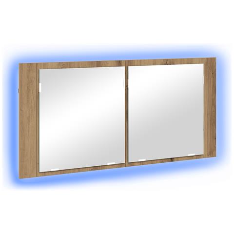 Mobiletto Specchiera LED Rovere Artisanale 100x12x45 cm Legno Ingegnerizzato - Foto 1