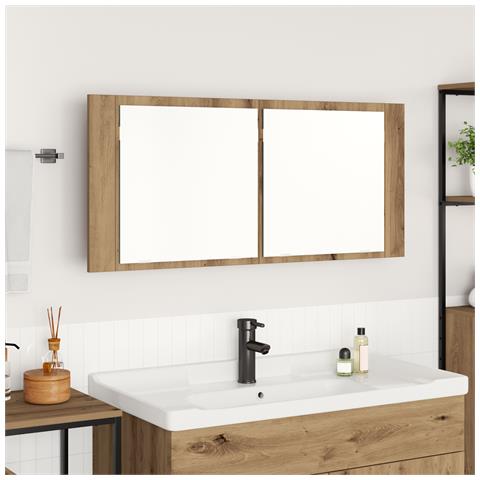 Mobiletto Specchiera LED Rovere Artisanale 100x12x45 cm Legno Ingegnerizzato - Foto 2