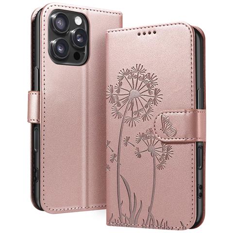 Custodia A Portafoglio Per Iphone 16 Pro Max Design Premium Fiori Farfalla, Rosa Champagne - Foto 1
