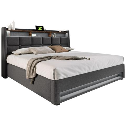Letto In Lino Grigio Con Motivo Vintage, Led E Spazio Stoccaggio A Sollevamento Gas - Foto 1