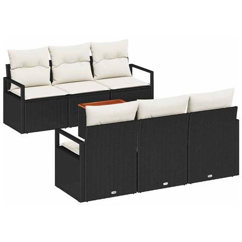 Set di Divani da Giardino  da 7 Pezzi con Cuscini Nero Polyrattan Acacia, Divano da Giardino Doppio  con Cuscini Nero Polyrattan - Foto 1