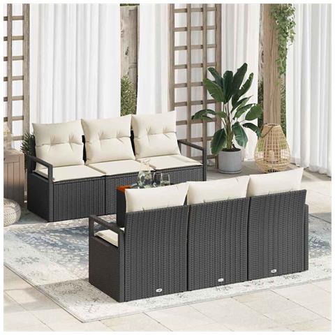 Set di Divani da Giardino  da 7 Pezzi con Cuscini Nero Polyrattan Acacia, Divano da Giardino Doppio  con Cuscini Nero Polyrattan - Foto 2