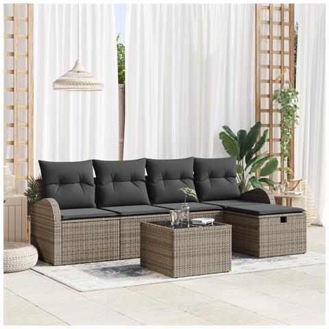 Set di divani da giardino a 6 pezzi con cuscini grigi in rattan sintetico - Foto 2