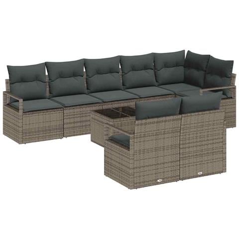 Set di divani giardino 8 pezzi con cuscini polyrattan nero, Divano giardino 2 posti con cuscini polyrattan grigio - Foto 1