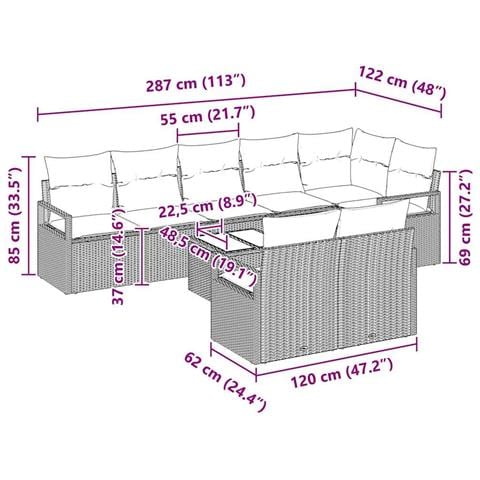 Set di divani giardino 8 pezzi con cuscini polyrattan nero, Divano giardino 2 posti con cuscini polyrattan grigio - Foto 9