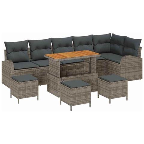 Set Divani Giardino  10 Pezzi con Cuscini Grigio Polyrattan Acacia, Divano Giardino  2 Posti con Cuscini Grigio Polyrattan, Set Pranzo Giardino  4 Pezzi con Cuscini Grigio Polyrattan Acacia - Foto 1