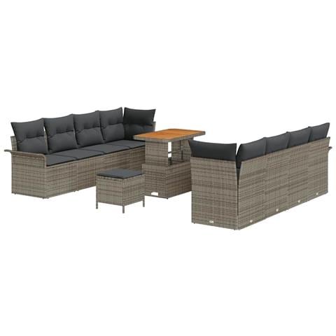 Set Divano da Giardino da 11 Pezzi con Cuscini Grigio Polyrattan Acacia,  Divano da Giardino a 2 Posti con Storage e Cuscini Grigio Polyrattan,  Set da Pranzo Giardino da 3 Pezzi con Cuscini Grigio Polyrattan Acacia - Foto 1