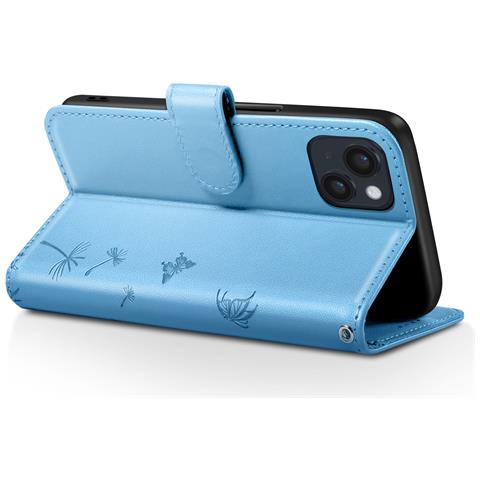Custodia A Portafoglio Per Iphone 13 / 14 Design Premium Fiori Farfalla, Blu Chiaro - Foto 2