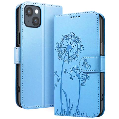 Custodia A Portafoglio Per Iphone 13 / 14 Design Premium Fiori Farfalla, Blu Chiaro - Foto 1