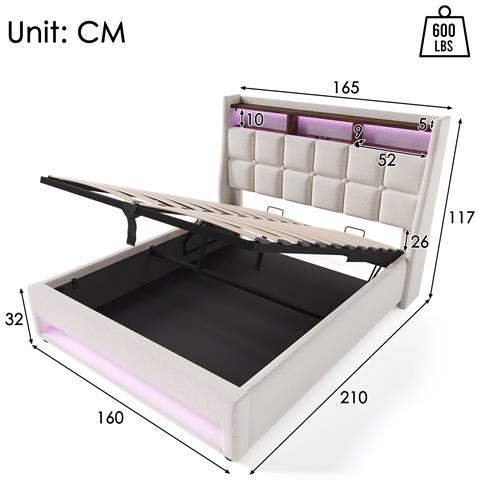 Letto In Lino Beige Con Illuminazione Led Moderna E Stoccaggio A Sollevamento Gas - Foto 2