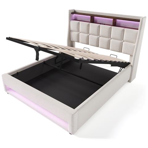 Letto In Lino Beige Con Illuminazione Led Moderna E Stoccaggio A Sollevamento Gas - Foto 3