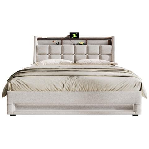 Letto In Lino Beige Con Illuminazione Led Moderna E Stoccaggio A Sollevamento Gas - Foto 1