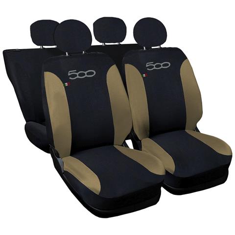 Coprisedili Auto Compatibili Per 500, Made In Italy, Set Di Copri Sedili Anteriori E Posteriori (unico Colore) Con Copri Poggiatesta Incluso, Tessuto Poliestere, Colore - Nero \blu Beige - Foto 1