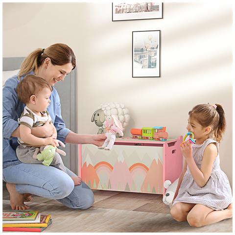 Baule Portagiochi Per Bambini Con Coperchio E Cerniera Di Sicurezza In Mdf, 60x37x39cm, Rosa - Foto 2
