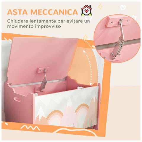 Baule Portagiochi Per Bambini Con Coperchio E Cerniera Di Sicurezza In Mdf, 60x37x39cm, Rosa - Foto 6