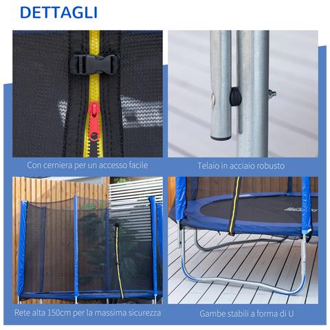 Trampolino Elastico Esterni Con Rete Di Sicurezza E Pali Imbottiti Per Adulti E Bambini, 244x244x205cm - Foto 6